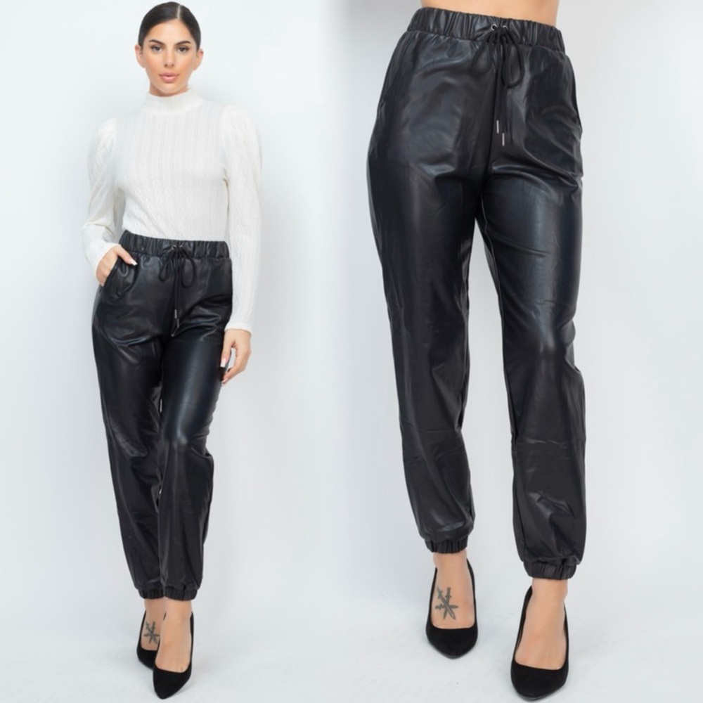 Black Faux Leather Jogger Pants